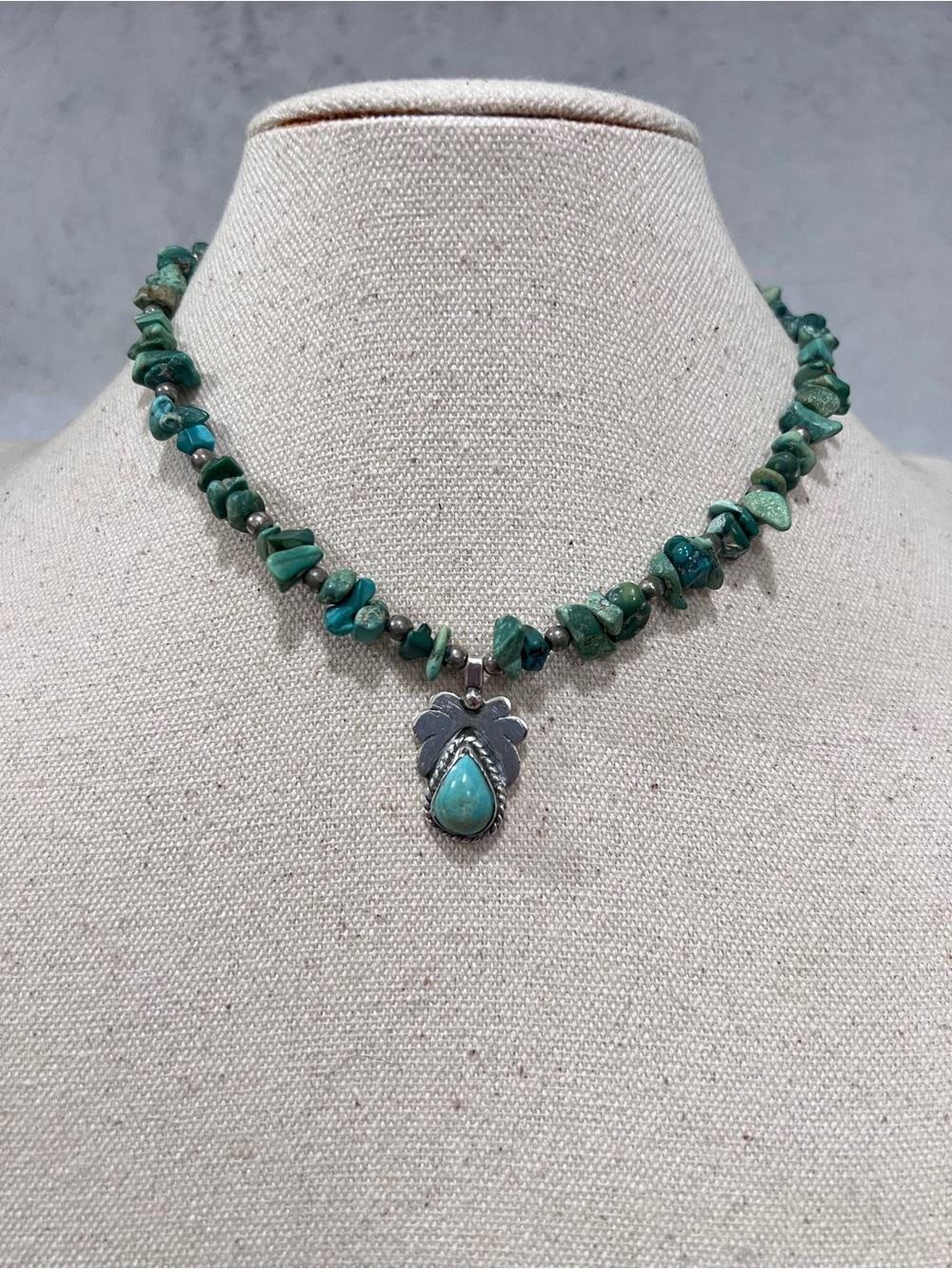 Native Sterling Silver Turquoise Chip Necklace with Teardrop Pendant